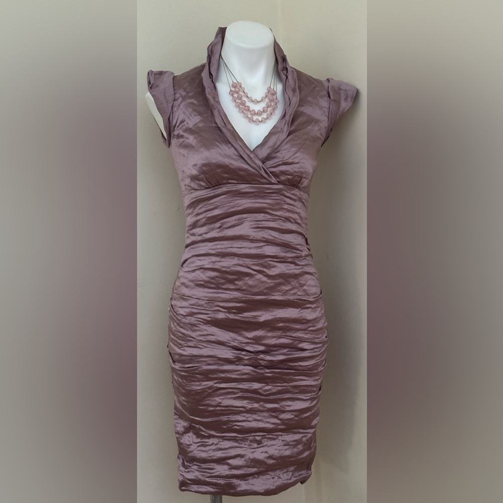 NICOLE MILLER Mauve Pink Ruched V Neck Collar Cap Sleeves Formal Dress Sz 4P